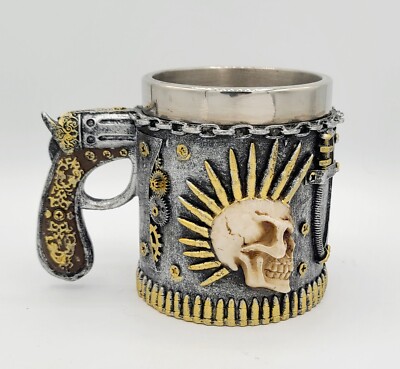 Steampunk Russian Roulette Tankard Mug With Gun Handle & Bullet Mowhaked Skull