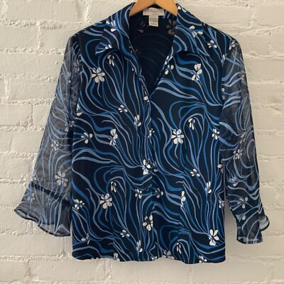 VTG Clothing Co By Notations Blouse Button Blue Floral Sheer Bell Sleeve Women L