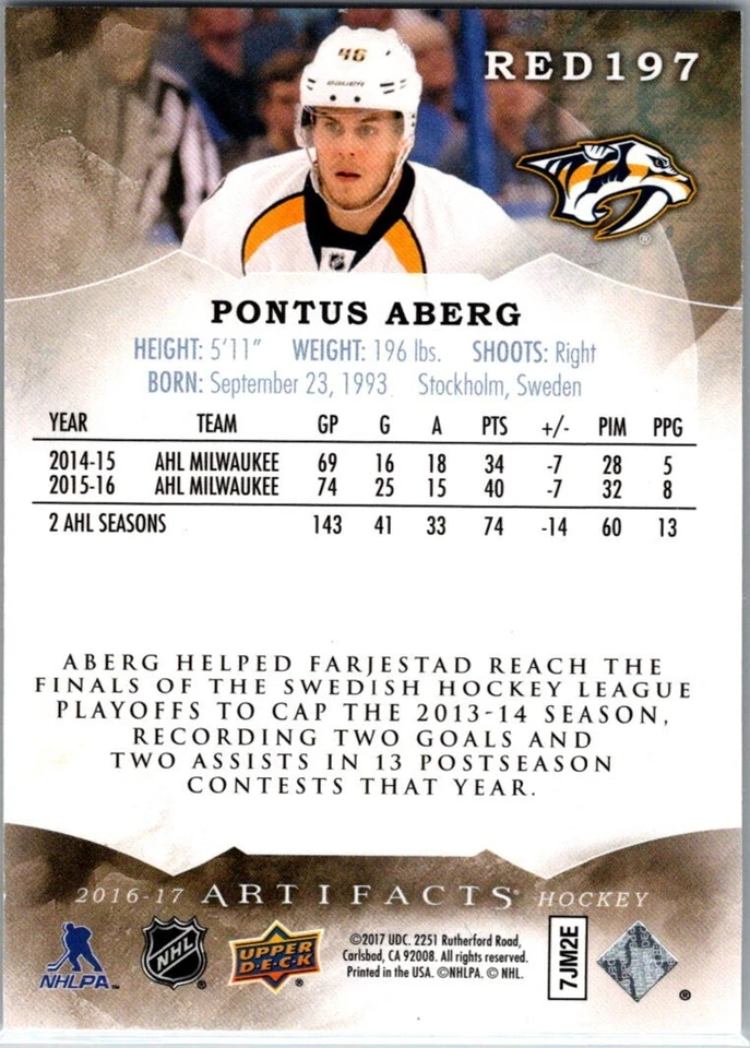 2016-17 Upper Deck Artifacts - Rookie Redemption #RED197 Pontus Aberg /799 (RC) - Image 2 of 2