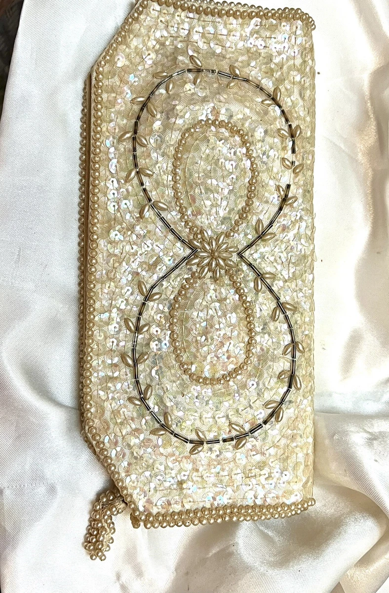 VTG La Regale Ivory Satin Beaded Sequined Evening Clutch Purse Wedding Japan