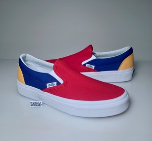 red yellow blue slip on vans