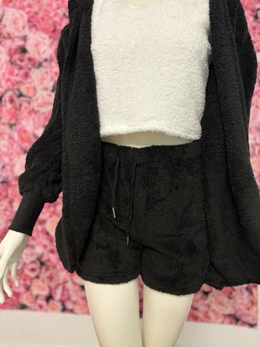 Sexy 3 Piece Fuzzy Pajama Set For Women Warm Sherpa Hooded Open Front Cardigan - Picture 6 of 6