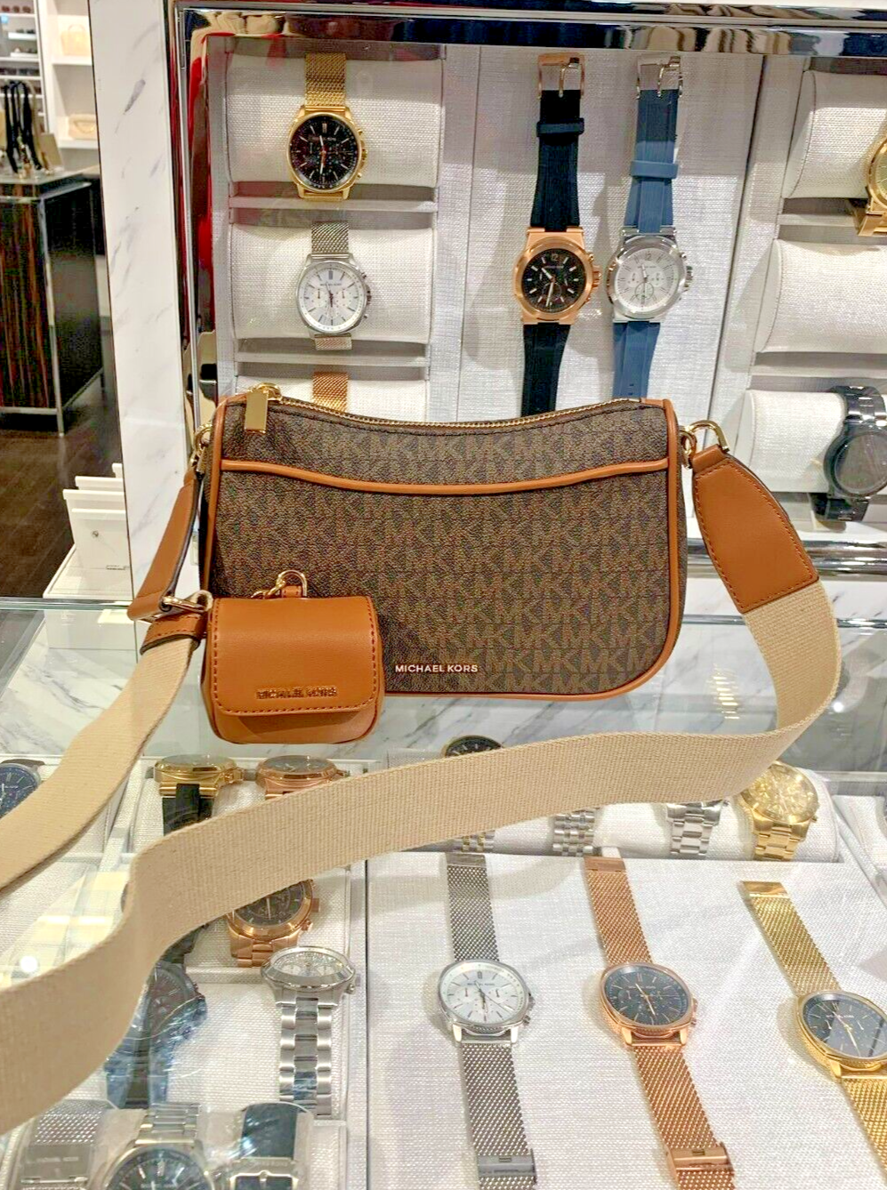 Michael Kors Jet Set MD Logo Crossbody Bag with Apple AirPods Pro Case (Brown)-image