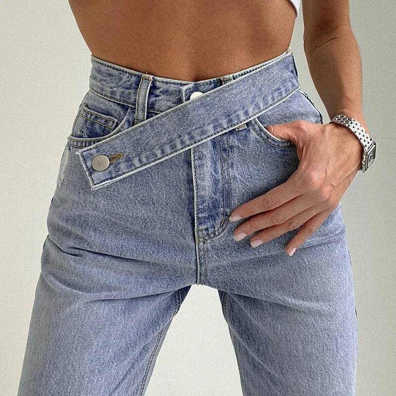 Women s Irregular Belt Fashion High Waist Slim Jeans Casual