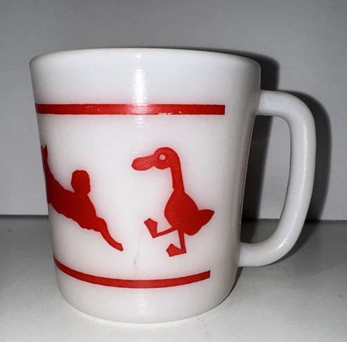 Vintage Hazel Atlas Farm Animal Mug Cup Red White Milk Glass