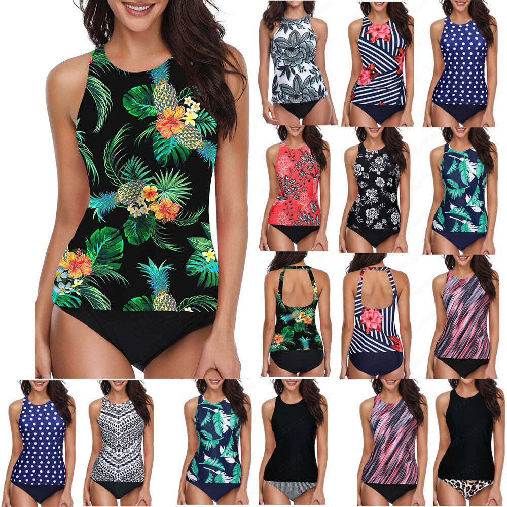 Women's Tankini High Waist High Neck Halter Tummy Control Two Piece Swimsuit  | eBay