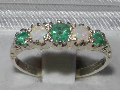 Antique Style 925 Sterling Silver Natural Emerald & Opal Ring