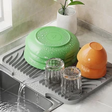 Silicone Dish Drying Mat for Kitchen Counter, Sloped Dish Drainer Mat with Drain