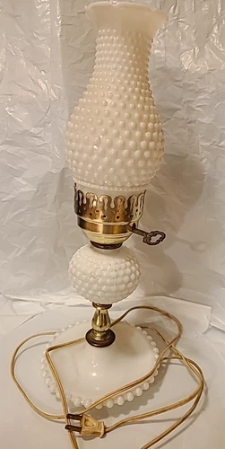 Vintage Milk Glass Hobnail  Electric Lamp 16.5” Works  MCM Nightstand Lamp