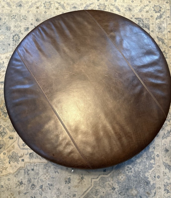 Custom Taylor King Round Brown Leather Tufted Ottoman, Nailhead Trim, Wood Legs