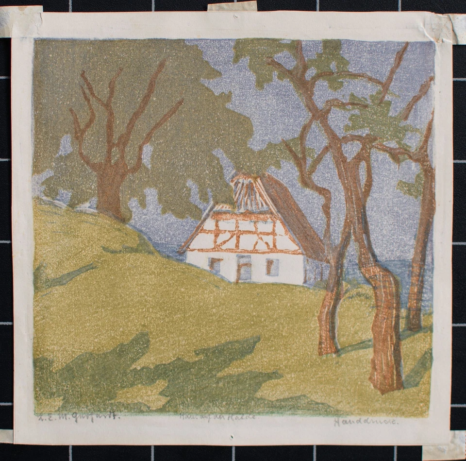 Maragarete Gerhardt Haus auf der Halde signiert Farbholzschnitt frühes 20 Jhd - Bild 2 von 4