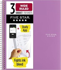 Five Star Spiral Notebook Study App, 3 Subject, Wide Ruled Paper, 8" X 10-1/2"