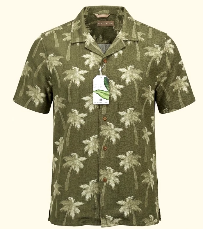 NWT DISTORTION Men's L Olive Green Camp Shirt w/ White Palm Trees Short Sleeve