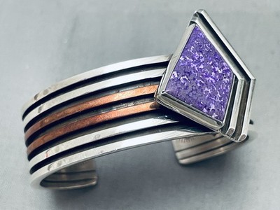MOST UNIQUE VINTAGE NAVAJO CHAROITE STERLING SILVER COPPER BRACELET