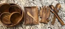 Vintage Acacia Wood Salad Bowl Set – 9pc Handcrafted Serving Set. Collectible