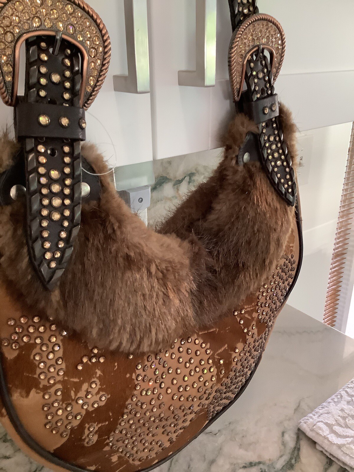 Kippy's "Coranado" Steer Hide/Fur/Crystals Handbag Hobo Rare image 6