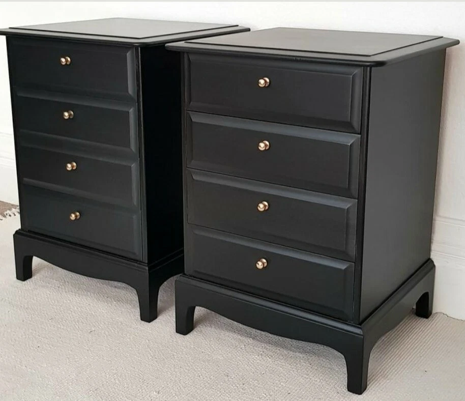 Pair of Stag Minstrel painted black mahogany bedside tables vintage upcycled