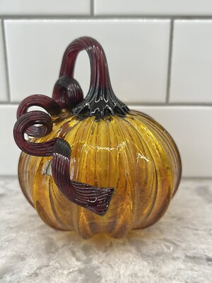 Signed Hand Blown Studio Art Glass Pumpkin crackled Amber Glass w/Burgundy Stem