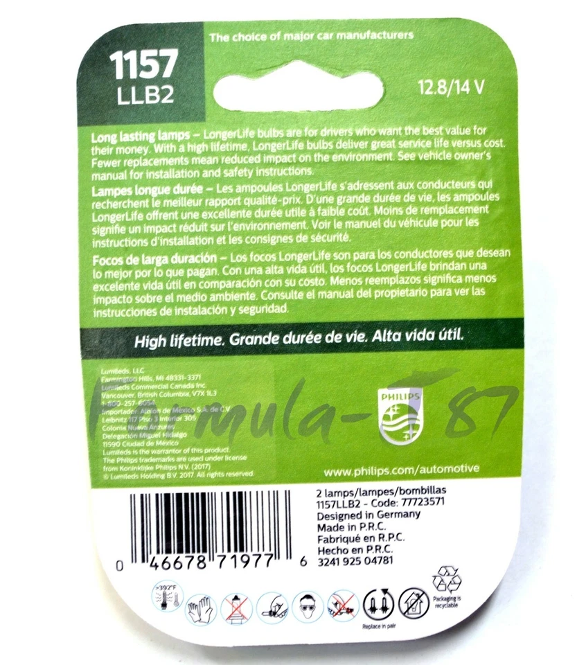 Philips LongerLife 1157 27/8.3W Dos Bombillas Respaldo Luz Inversa Lámpara de Repuesto Foto 2 de 4