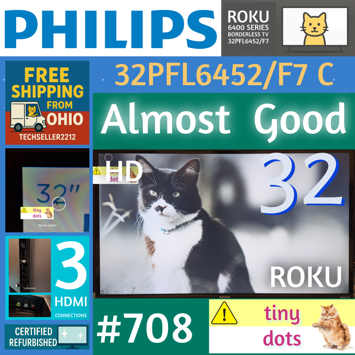 Philips 32 Inch HD 720P Smart Roku Borderless LED TV with Remote and Stand Model 32PFL6452/F7C
