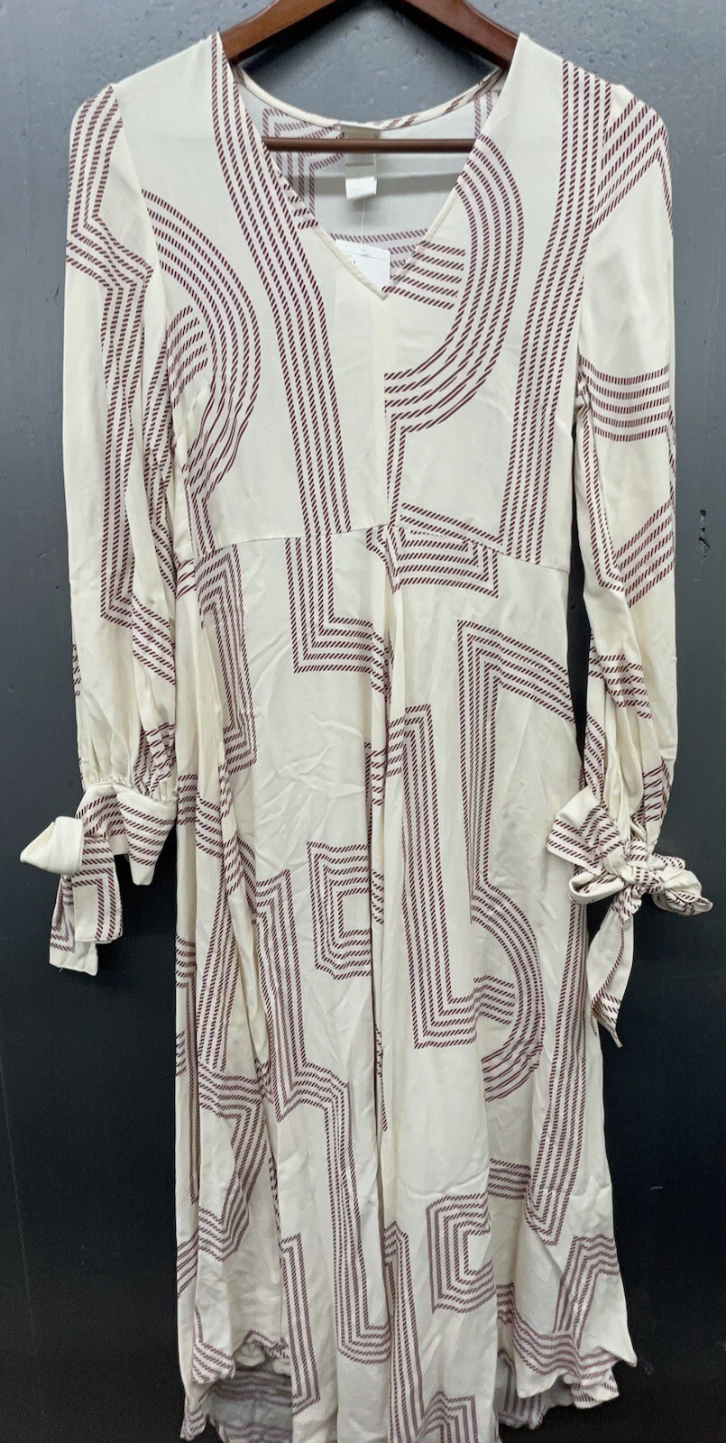 H&M Dress Size 4 Long Sleeve Midi Ivory Red Geo Flounce Boho Peasant Cottage New