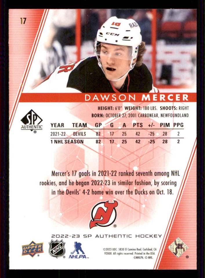 2022-23 SP Authentic Limited Red #17 Dawson Mercer - Image 2 of 2