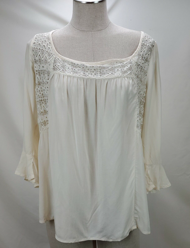 Womens Lace Top Size Small Ivory Ruffle Sleeve Open Tie Back Peasant Bohemian