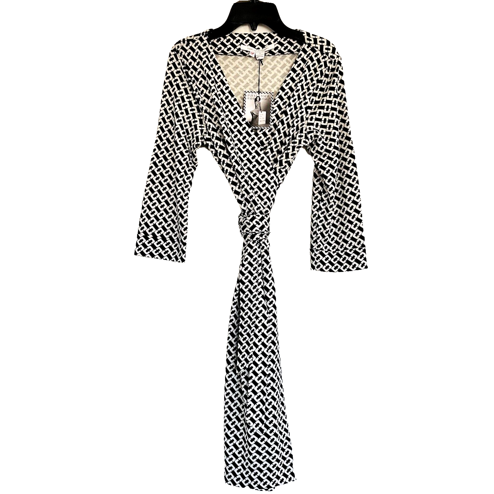 NWT DVF Chain Link Julian Wrap Dress Silk Jersey 3/4 Sleeve Black White