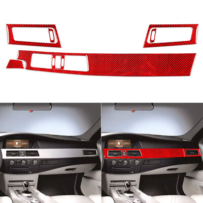 7Pcs Red Carbon Fiber Center Console Dashboard Cover For BMW 5
