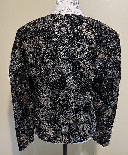 VTG McNaughton Black Velvet Embellished Blazer Holiday Party Sequin Sz 16 1980s - Picture 7 of 11