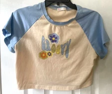 Romwe shirt size L blue and tan crop top Groovy stretch beach party