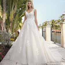Elegant V Neck Wedding Dresses Appliques Backless Court Train Lace Bridal Gowns