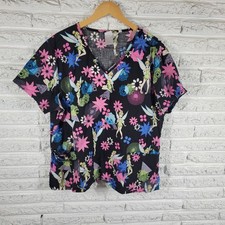 Disney Tinkerbell Scrub Top XL Multi Color Floral Cotton Nurse Medical Unisex