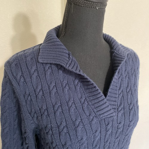 LL Bean Cable Knit Sweater Women M Navy Cotton Cabin Core Cozy Split Neck 511497 - Picture 4 of 12