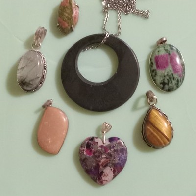 7 STONE Pendants TigersEye RUTILATED QUARTZ RUBY ZOISITE BLACK JADE PINK OPAL