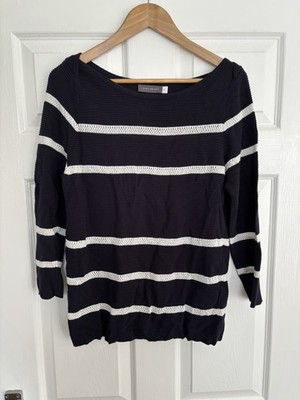 Neuwertiger Damen Samt Pullover Oberteil Bluse Langarm Gestreift Blau Marine Weiß 14