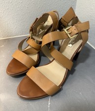 GUESS Women’s Strappy 2 Buckle High Heel Sandals Tan Leather Open Toe Sz 7.5