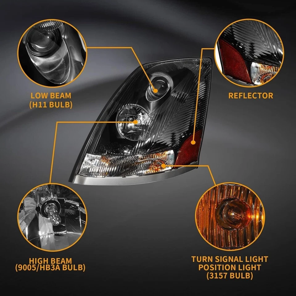 Conjunto de faros de carcasa negra para Volvo VNL 670 780 2004-2017 Foto 3 de 4