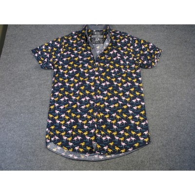 Broken Threads Men Flamingo Print Button Down Navy Blue Short Sleeve Med #2050