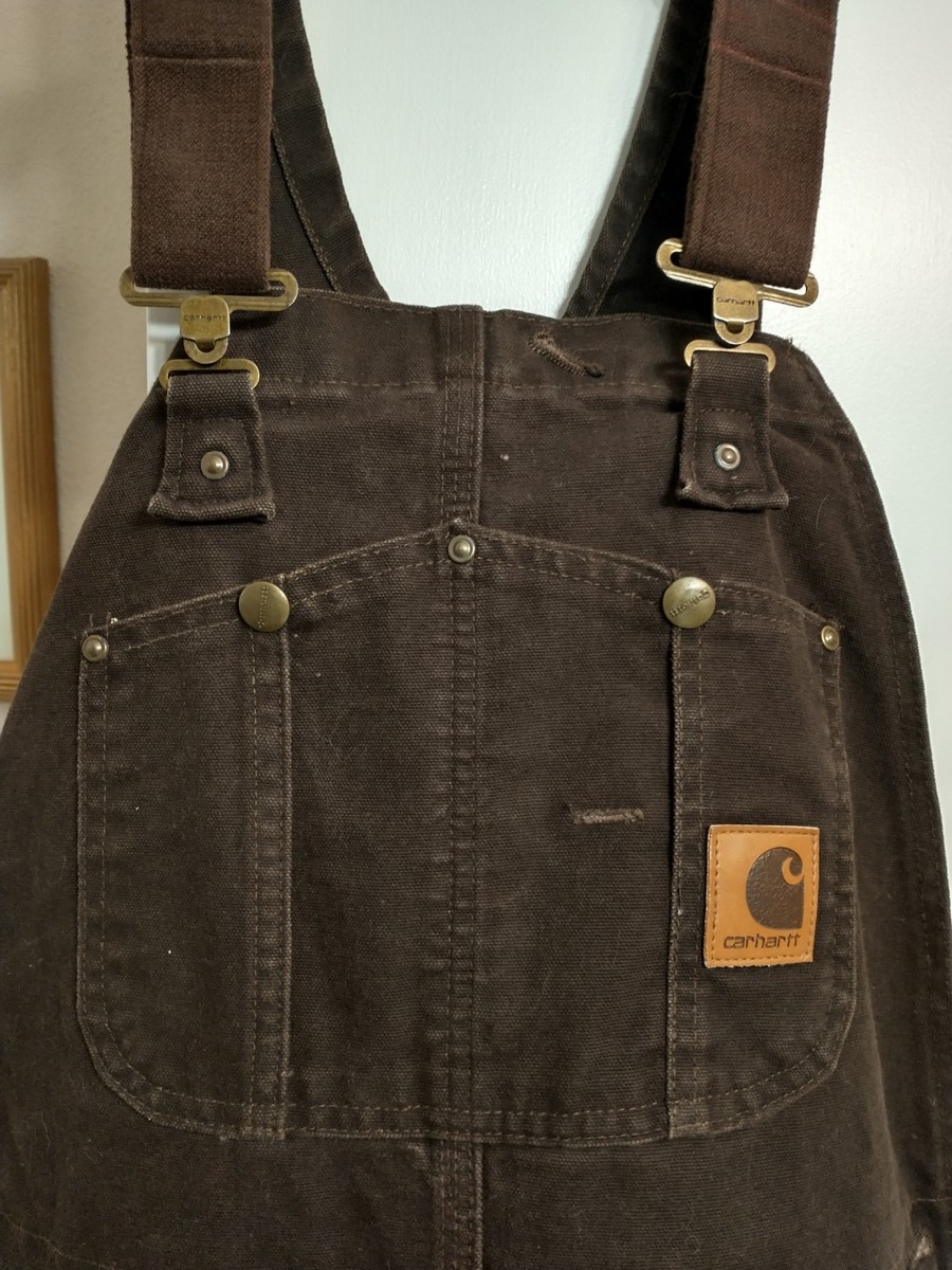 Carhartt Bib Overalls Men 38x32 Brown Duck Canvas Bib Double Knee