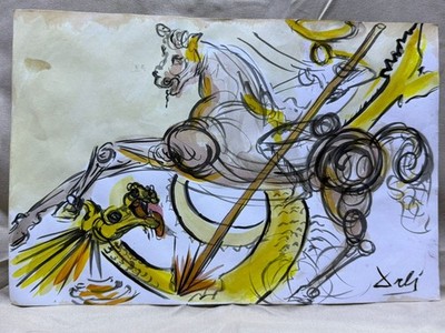 SALVADOR DALI drawing and painting on old paper signed stamped vintage