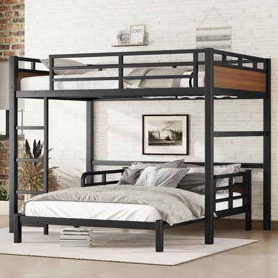 Full XL over Full XL Bunk Bed Metal Loft Bed Separable Bunk Bed Frame Walnut