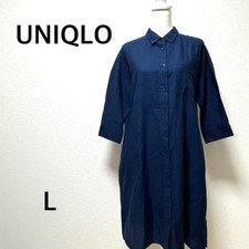 Uniqlo Navy Cotton Linen Shirt Dress L Side Slits Comfortable Tunic