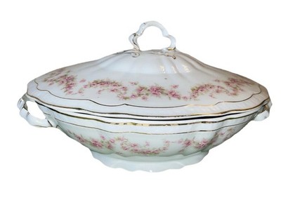Antique Bavaria Orleans Covered Vegetable Dish Pink Roses Gold Trim w Lid 10 