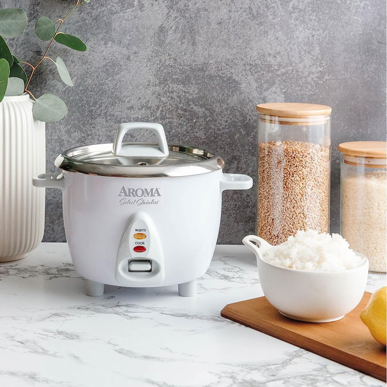 Aroma Select Stainless Rice Cooker & Warmer With Uncoated Inner Pot 6-Cup Cooked