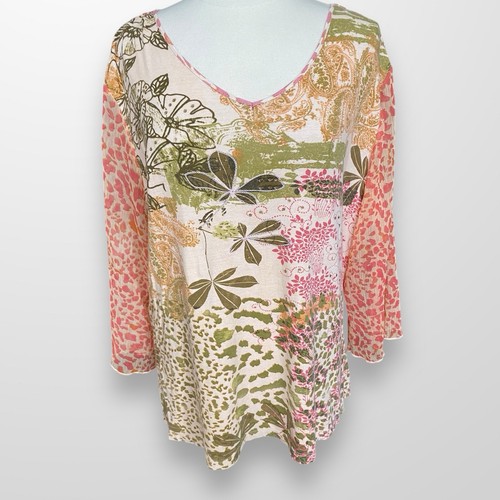 Caribbean Joe Woman Size 2X Top Shirt 3/4 Sheer Sleeves Floral V-Neck Sequin - Picture 7 of 8