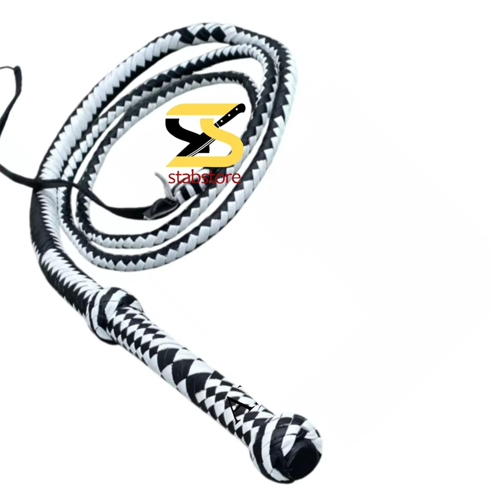 Culata de cuero de 8 pies Bullwhip 12 trenzas blanco y negro látigo pesado - Loud Crack Pro Foto 2 de 4