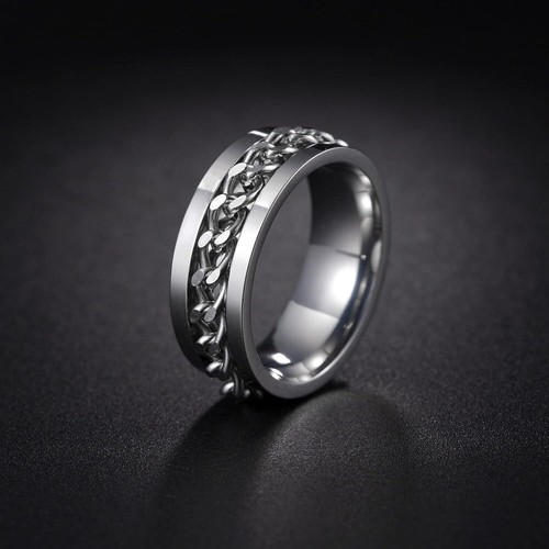 Mens Fidget Rings Anxiety Spinner for Men Classic Chain Adults Titanium Steel - Picture 2 of 7