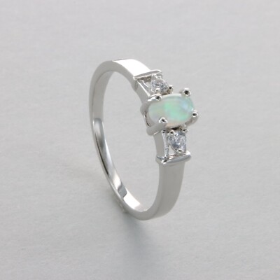 White Oval Fire OPAL Ring 2 CZs - Rhodium finished 925 STERLING SILVER #1010e