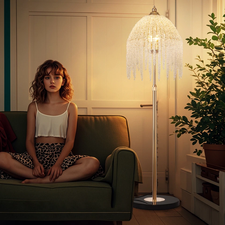 Crystal Floor Lamp Modern 63" Vintage LED Standing Lamp Gold 3 Light Living Room - Image 3 of 4